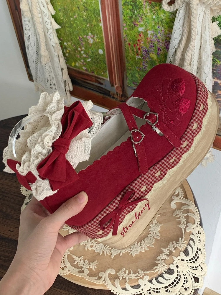 Lolita Strap at Closures - Trimmed Red Platforms Lace Ankle Strawberry Sweet Velcro