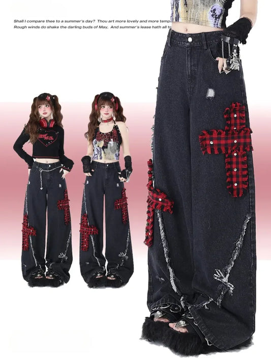 Black Wide Distressed Jeans Plaid Punk Leg Holes Red Crosses