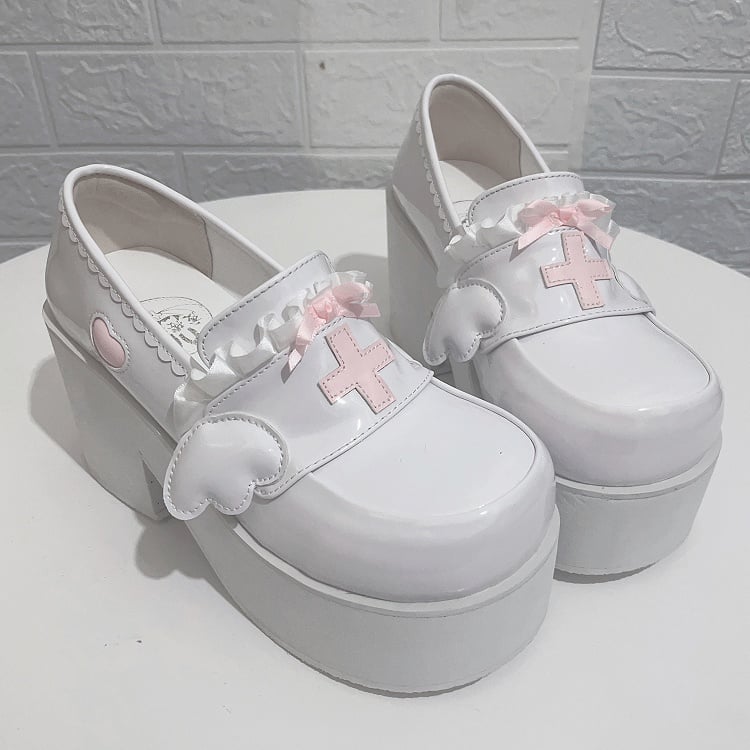 Jirai Kei Pink Yami Kawaii Plateau-Slipper mit Kreuzschleife