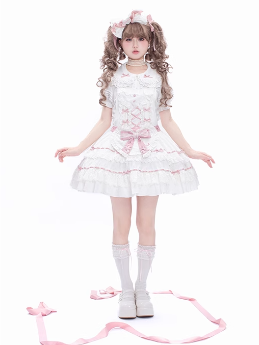 Decorated Self-tie Bow Sweet Lolita White Heart Apron and Pink