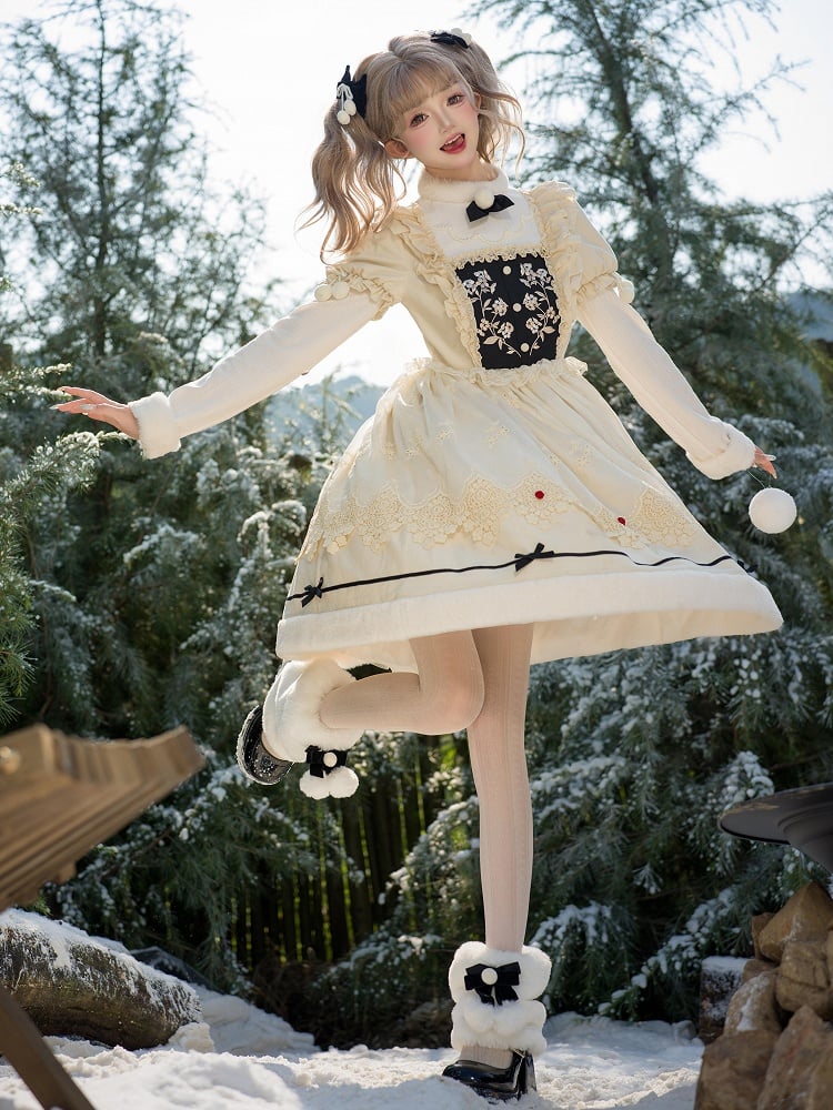 and Neckline Beige Long Sleeves Cuffs Lolita Floral Plush Dress Bodice Embroidery