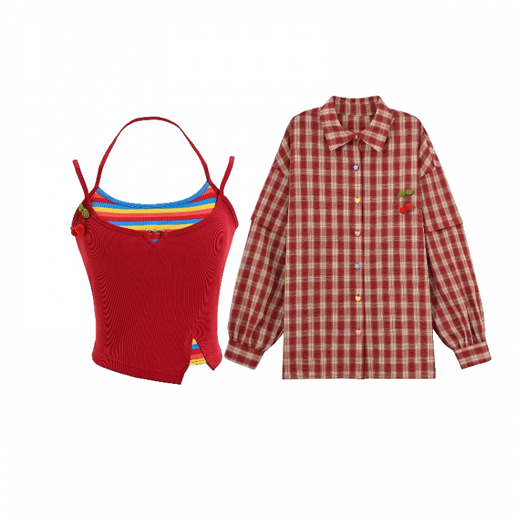 Plaid Shirt Set Red Faux Two-Pieces Cami Top with Red