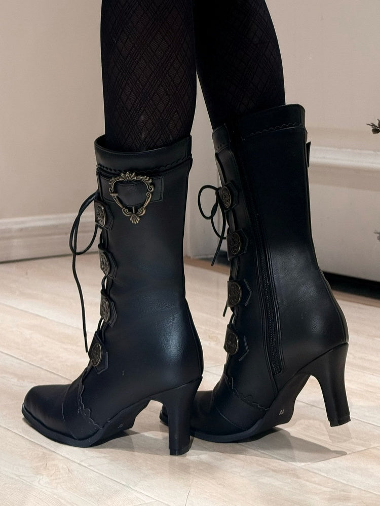 Lace-Up Pointed Leather Buckle Mid-Calf Boots Toe Elegant Embellishments - with Heels Lolita PU and Black