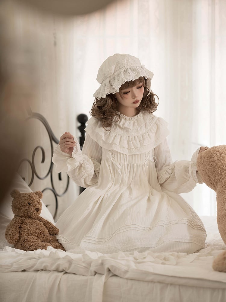 Shiro Sleeves Ruffled All Lolita Neck Layered White Long Dress Hemline Ruffle