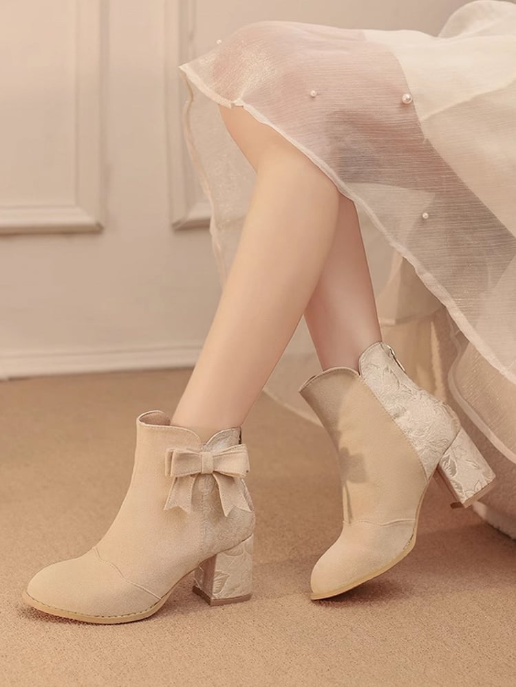 Verschlüsse Block und 6,5 cm Schleife Wildleder mit Rückseite - Akzent Beige Stiefel Satin-Version Ferse Reißverschluss Normal/Dicke Kombination