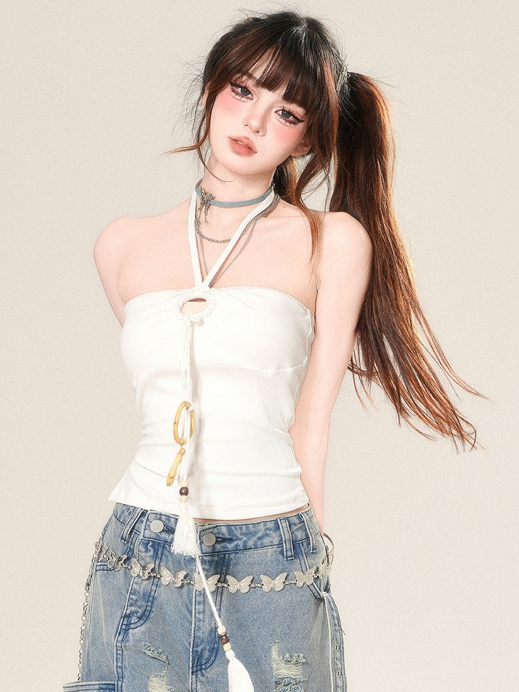 Straps Neck Tassel Top White Halter Glamorous