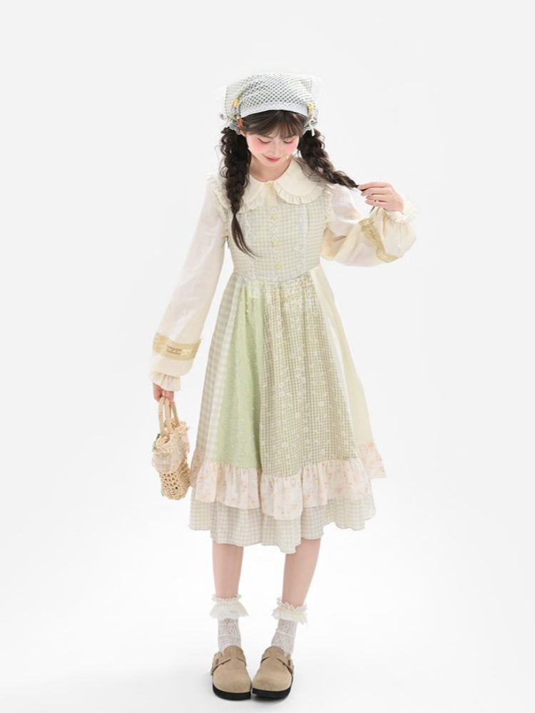 軽やかな袖のティアードMori Keiグリーンチェック柄フラッタースカートノースリーブドレス