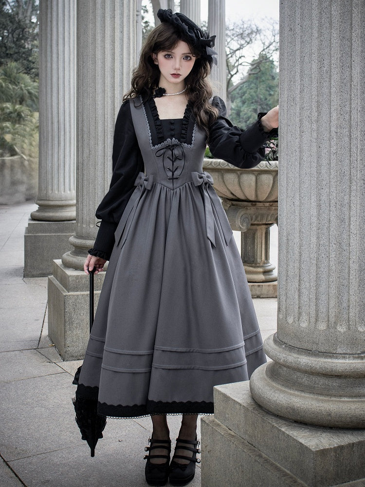 Black and Gray Elegant Square Neckline Spring Long Bishop Sleeves Lolita Dress