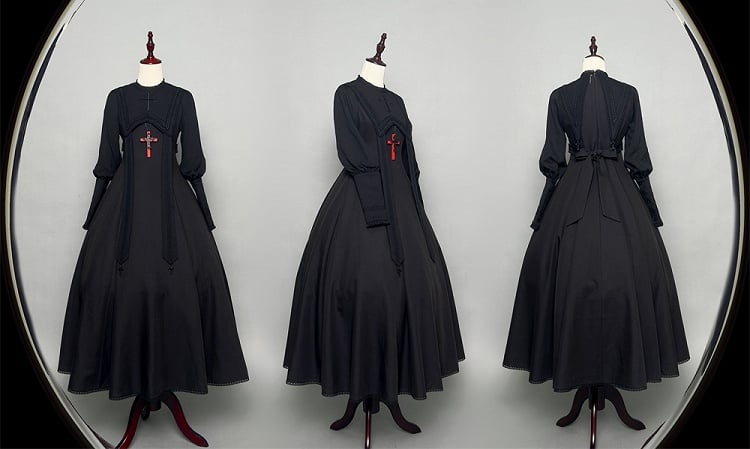 Stickerei Nonne Halloween Ärmeln Leg-of-Mutton Kleid Schwarz Outfits Lolita Kreuz