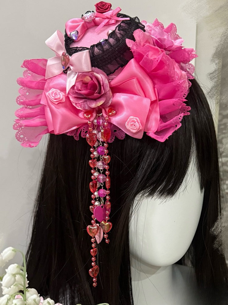 Beaded Design And Mini Details Rose Red Rhinestone Decorated Heart Bowknot Chain Rosette Hat