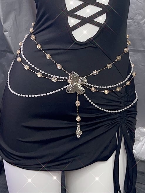 Y2K Kette Schmetterling verziert weiße Perlen Taille