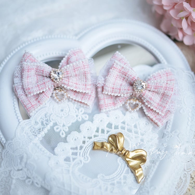 Black/Blue/Pink/Apricot Heart Rhinestone Jirai Kei Bow Hairclips