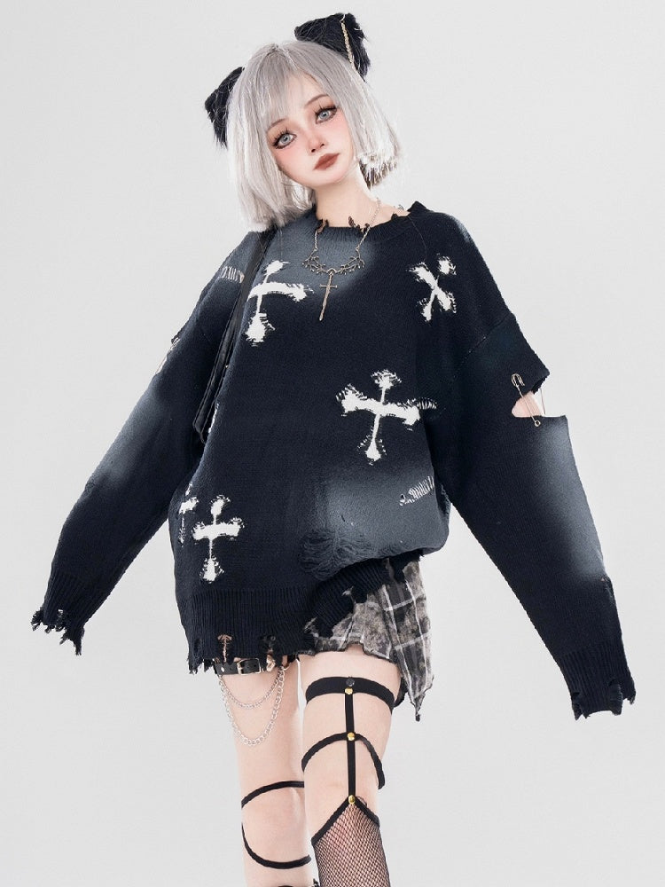 Y2K Black/Grey Cross Shaped Distressed Holes Round Neck Sweater
