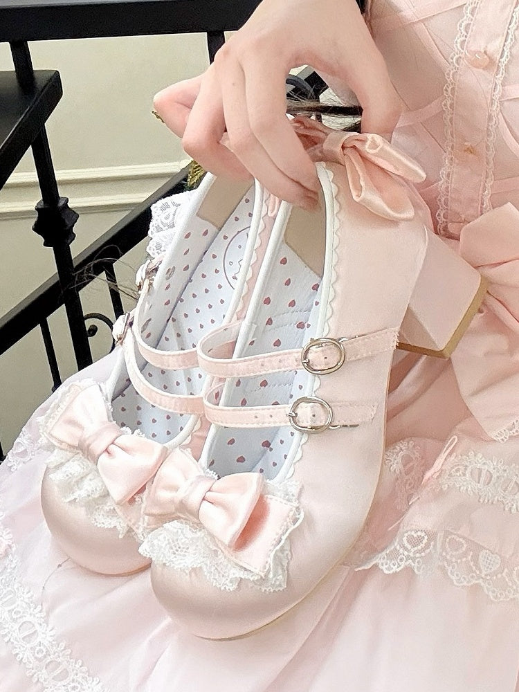- Mid-heel Edging Lace Janes Mary Lolita Ruffled Sweet Pink