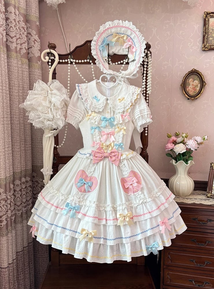 Bowknots White Ruffled Lace Trim Bonnet Macaron Color