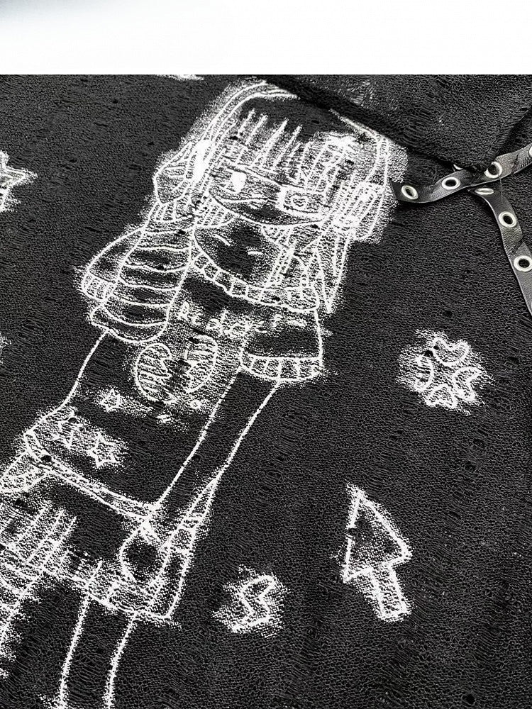 Mädchen Nieten T-Shirt Off-the-Shoulder Schwarz Details Print Cartoon Ausschnitt