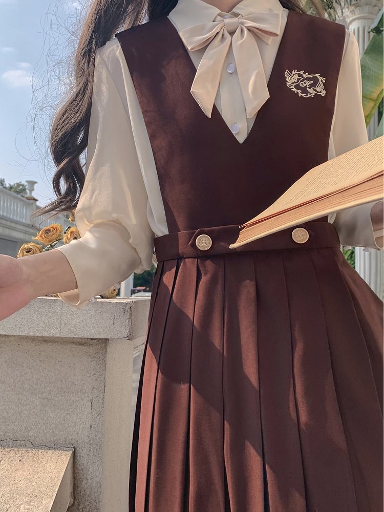 with 70cm Brown / Embroidery High Waist Box Pleat Overall Dress 65 Dove