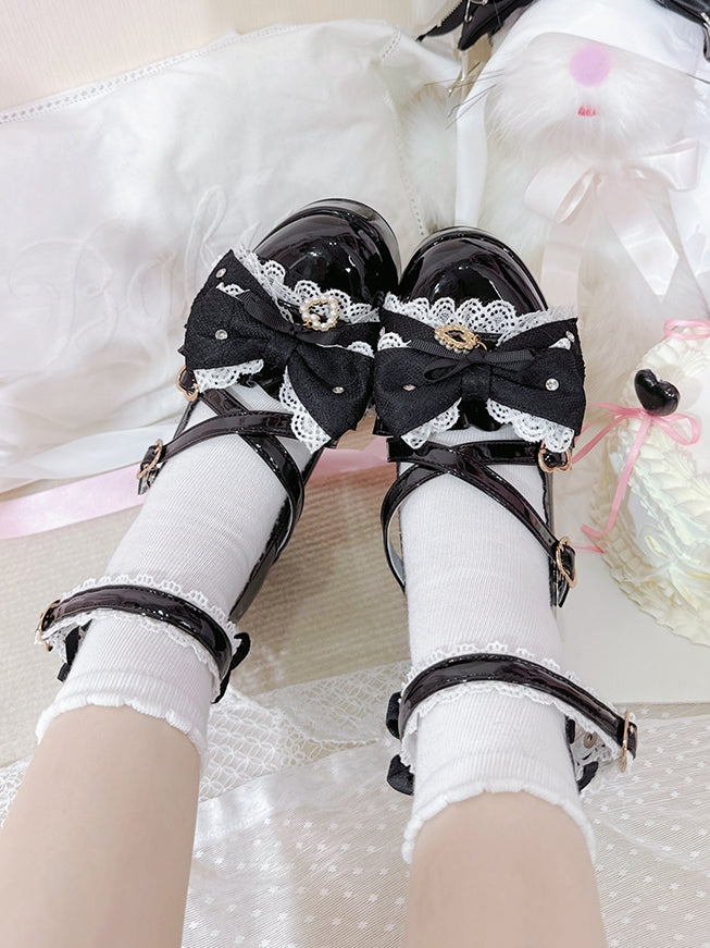 Design Schleife Crisscross Polierte Heels Hohe Schuhe Schwarze Plattform an der Spitze Jirai Herz Block Schnallen Kei