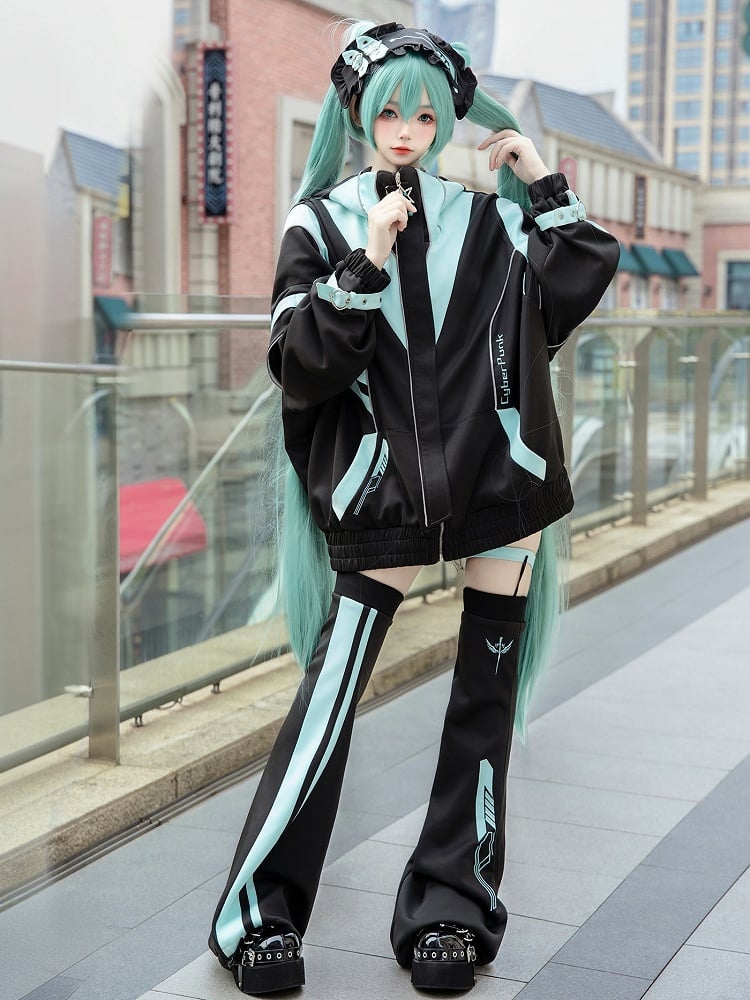 Schwarzes und grünes Cyberpunk-Jirai-Kei-Outfit – Kapuzenjacke, Shorts, Beinwärmer, Kopfbedeckung, komplettes Set
