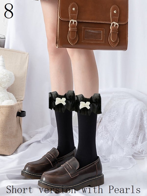 Lace With Socks Cuffs Options Pearls Calf 9 Black/White Ruffled