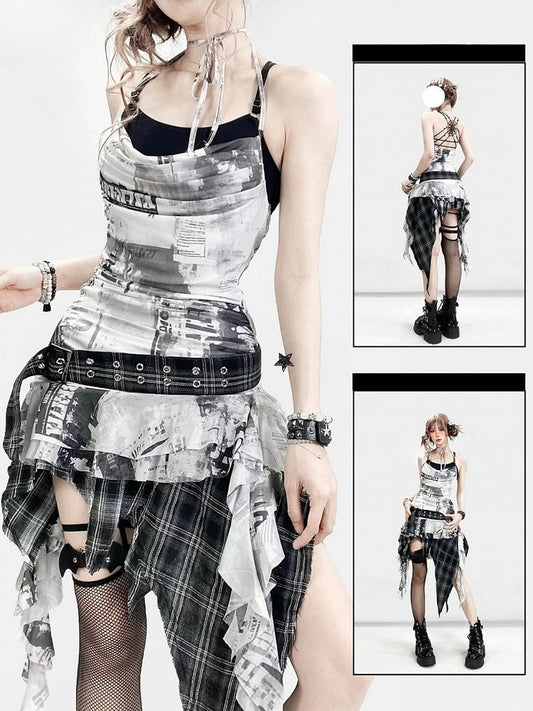Dye Tie Design + Plaid Cami Pattern Dress Top Neck Asymmetrical Skirt Detail White Black Hem Halter Spiderweb