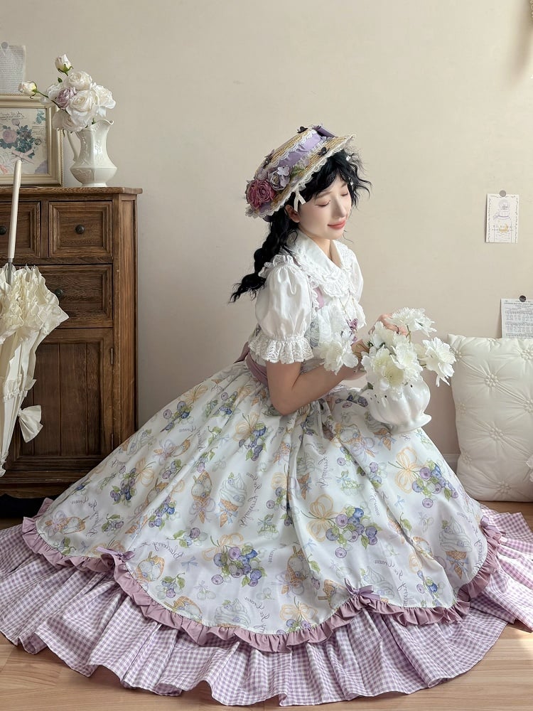 Hemline Gingham Dress Blueberry Lolita and Ice Cream Purple Print