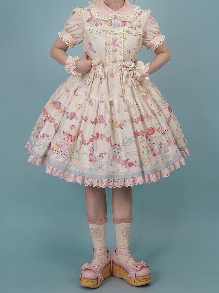 Lolita Scalloped Eyelet Kitty Short Dress with Sleeves Print Creamy Sweet Trims