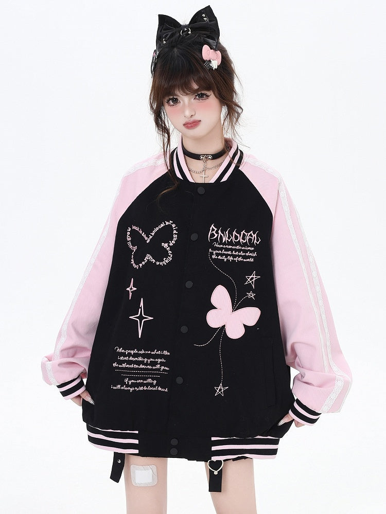 Black and Pink Colorblock Design Butterfly Baseball Jacket