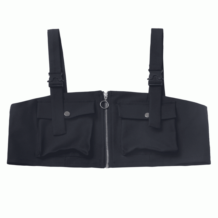 Details Schulter Techwear Reißverschluss Weste Druckknopfriemen Schwarze Tasche