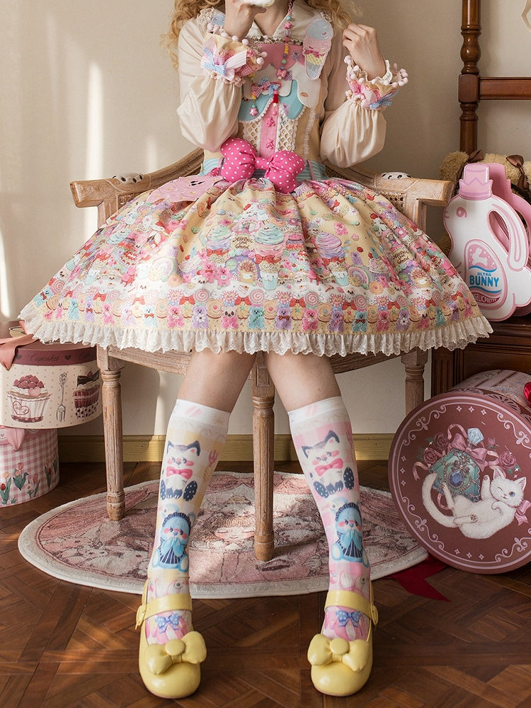 Desserts Gummy Sweet Dress Print and Overall Bear Yellow Lolita