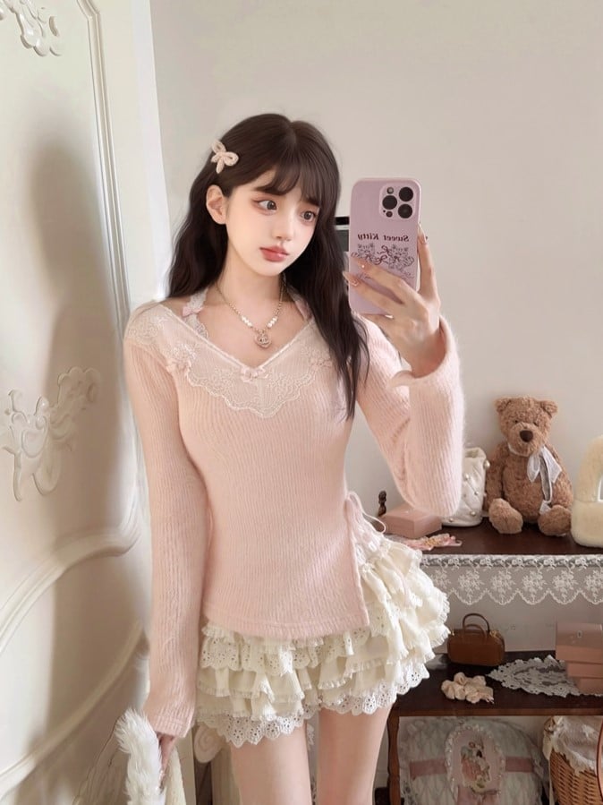 Pink Knit Sweater With Bow Accents and Playful Ribbon Detail Lace-Trimmed V-Neck