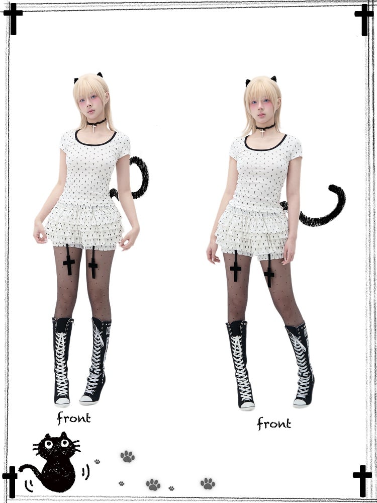 with Skort Ruffles Charms Cross Pastel Cat Paw and Cross Print Tiered Gothic White Allover