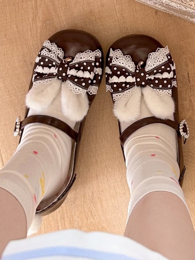 Lolita Bunny Schuhe Pom Mary Jane Braun Süß mit Ohren Schwanz