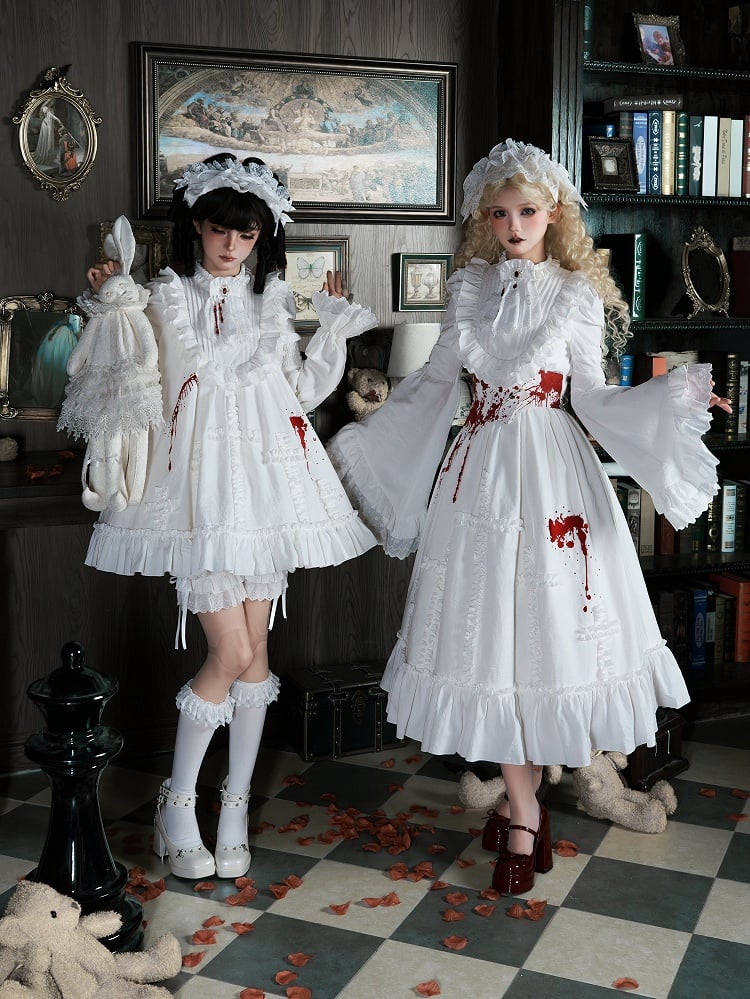 and Version Blood with White Lolita Dress Ruffles Dollcore Shaped Gothic Embroidery Short Cross