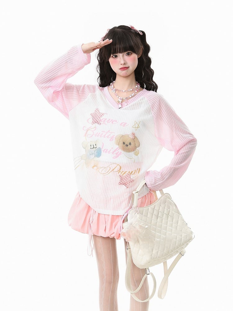 Apricot/Pink/Green Kawaii V-Neck Knit Top with Puppy Print - Long Sleeve Pullover
