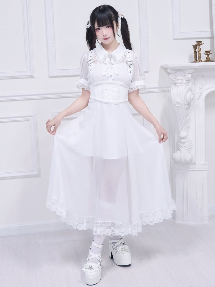 Free Belt Neckline Buckle Jirai Kei White Long Dress Illusion Accents Corset with