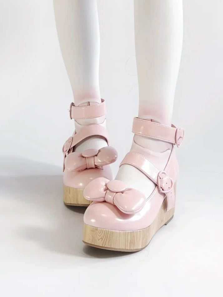 Platform - Shoes Top Buckles at Bow PU Sweet Heart Baby Pink