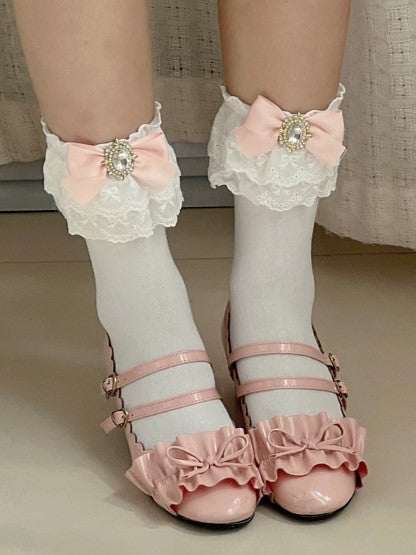 White Calf Ruffled Jirai Cuff Kei Bowknot Pink/Blue/Purple/White/Black/Beige Socks With Details