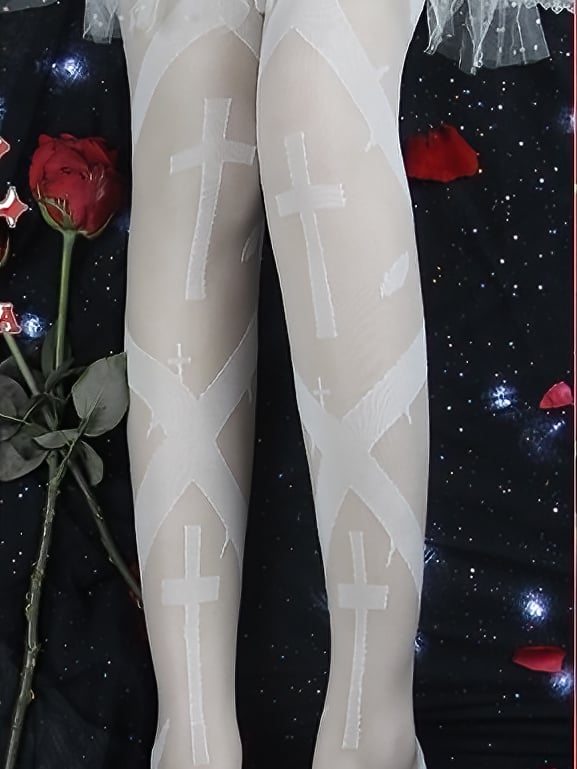 Cross Overknee Stockings Black/White Print Gothic