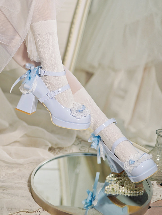 Blue Heels Top Knotted Buckles at Bow High Trim Lace Block Heart