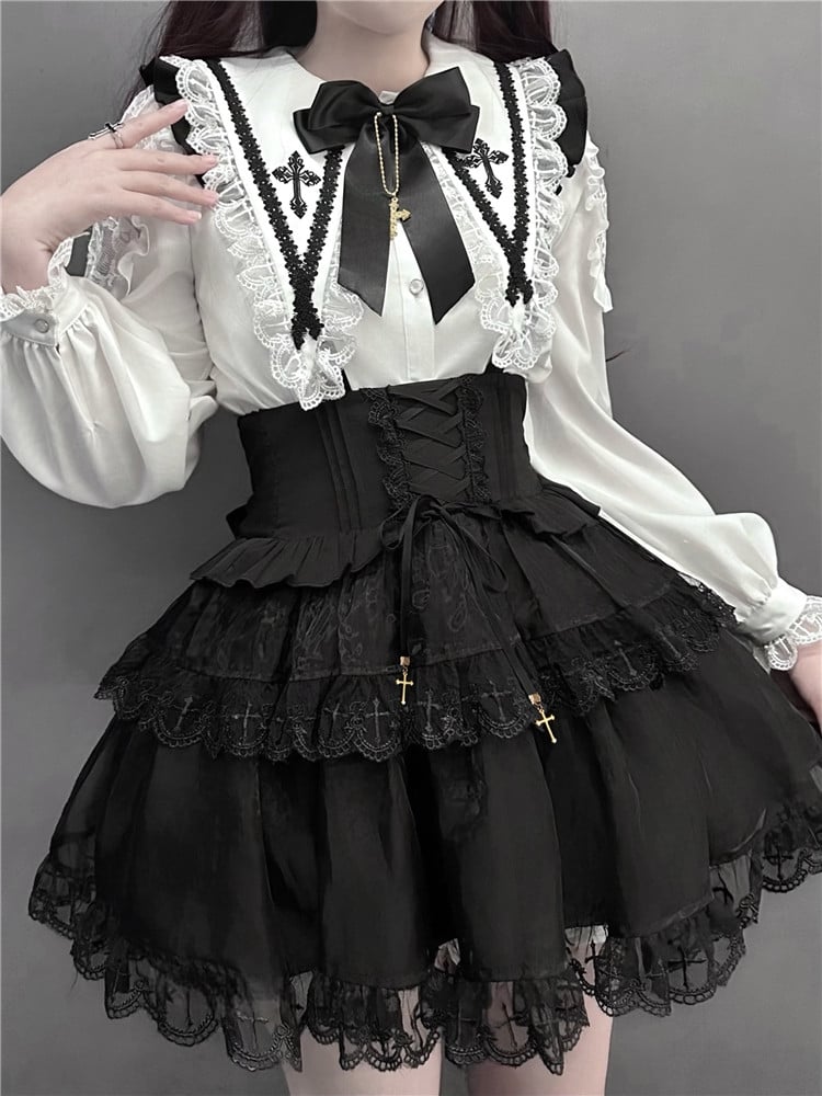 Chemise blanche Jirai Kei à col plat pointu et épaules en dentelle style mines terrestres