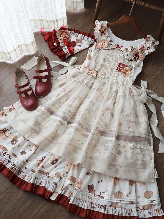 Set süßer Hamster, dreieckiges rotes Kekskleid, Kopftuch und bedruckte Lolita-Broschen, Schürze, voll + weiß