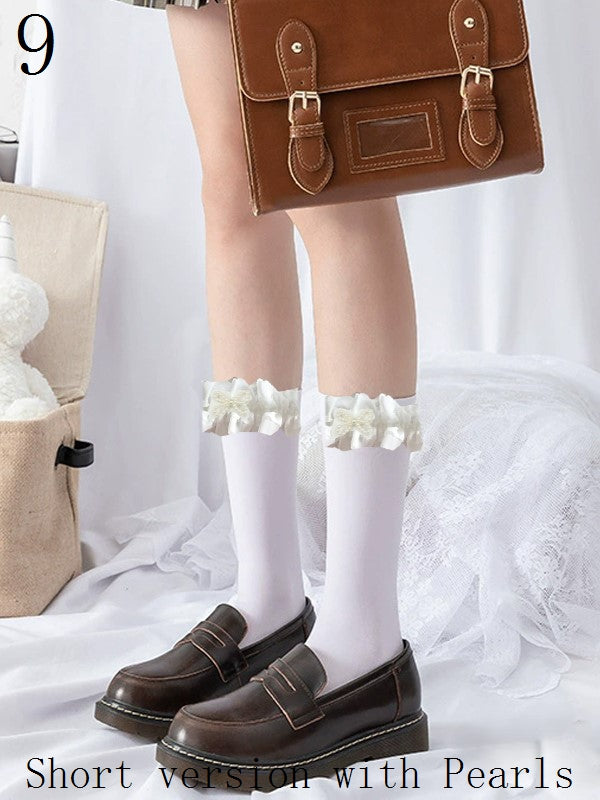 Lace With Socks Cuffs Options Pearls Calf 9 Black/White Ruffled