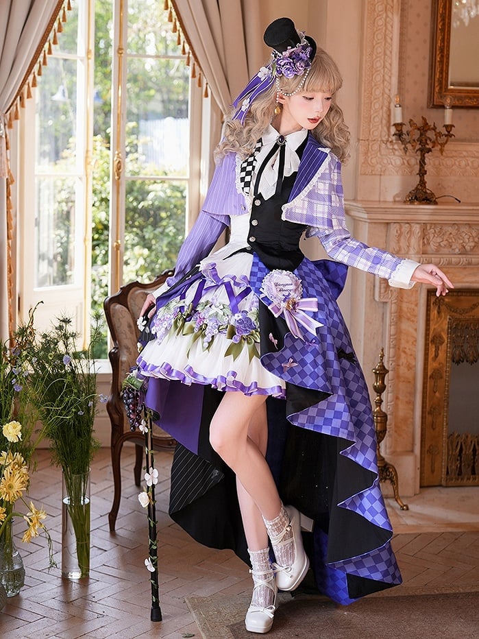 Waistcoat Tops - Blazer Cropped Ouji Set Half-plaid Half-stripes Purple Lolita Half-black + Half-white Backless Pattern
