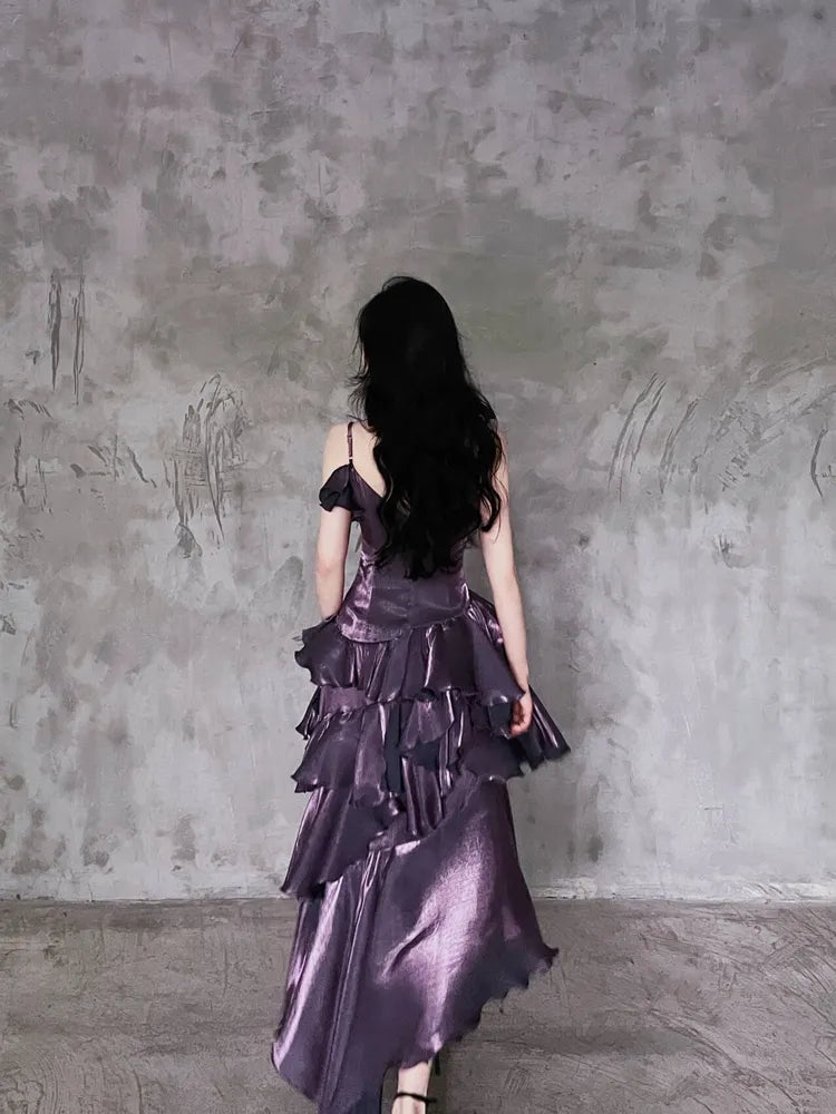 Dark Purple Asymmetrical Layered Flounce Spaghetti Strap Prom Dress Evening Gown