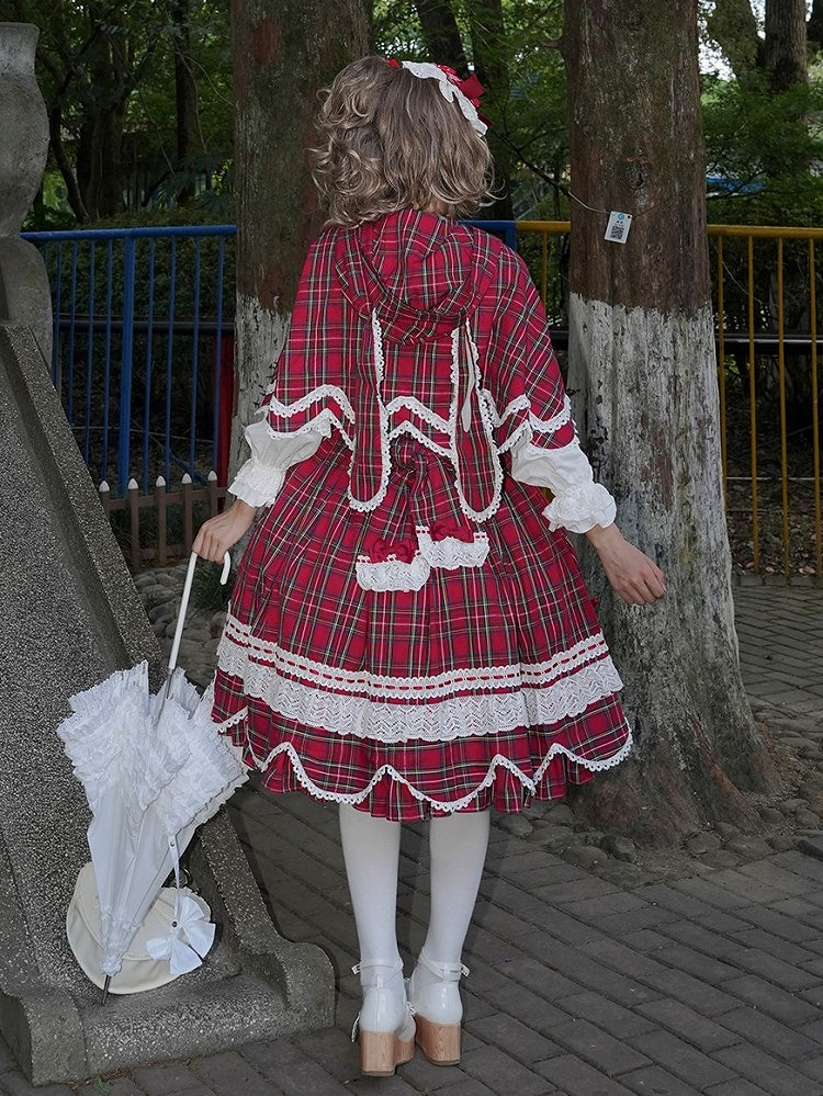 and Plaid Bunny Ears Red Cape Hooded with Petal-like Trim