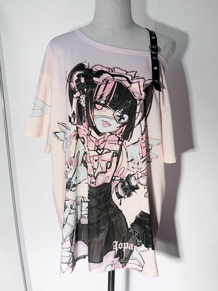 Dark with Cute Pan Anime Kawaii Detachable Yami Collar Print / Peter T-shirt: Cotton White Pink