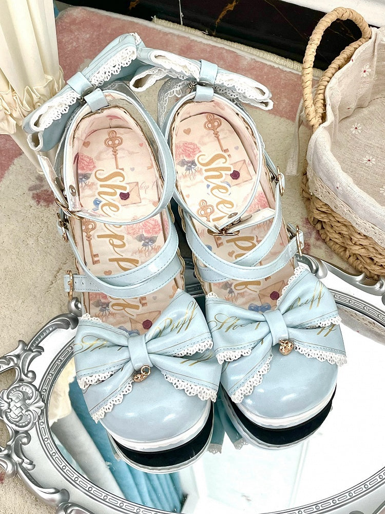 Heels Heart at Block High Buckles Blue Bow Crisscross Design Detachable Top
