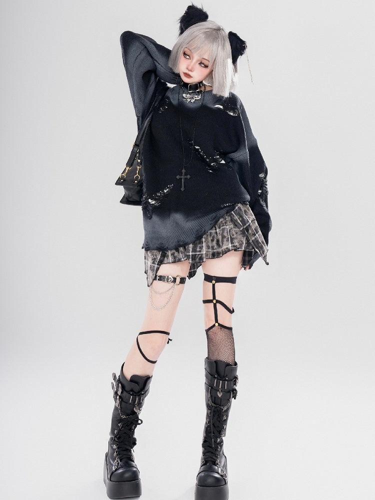 Y2K Black/Grey Butterfly Shaped Distressed Holes Round Neck Sweater