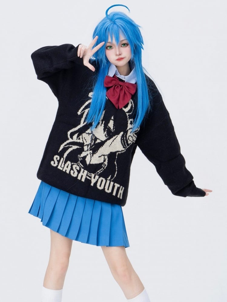 Cartoon Girl Knitted Print And Letter Sweater Black